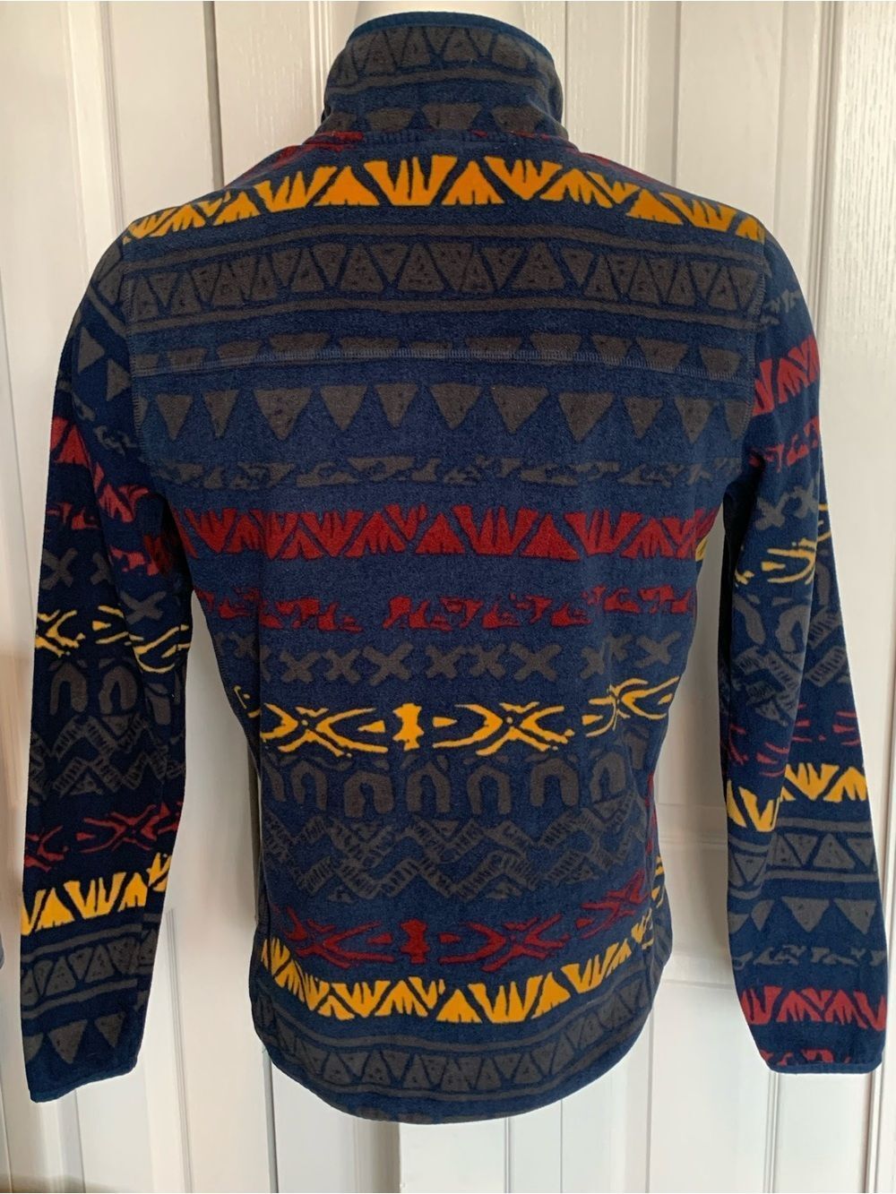 Quiksilver Men's Navy Zip-Up Sweater with Red & Yellow Geometric Stripes - Picture 2 of 8